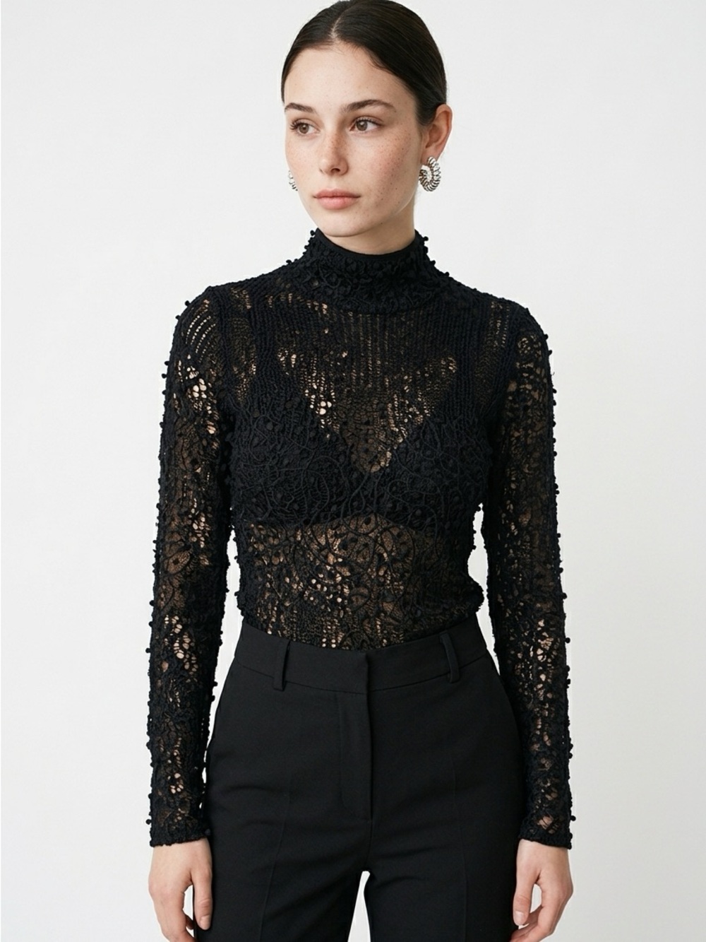 Marlene Birger Sheer Crochet Mock-Neck Lace Blouse Sz6